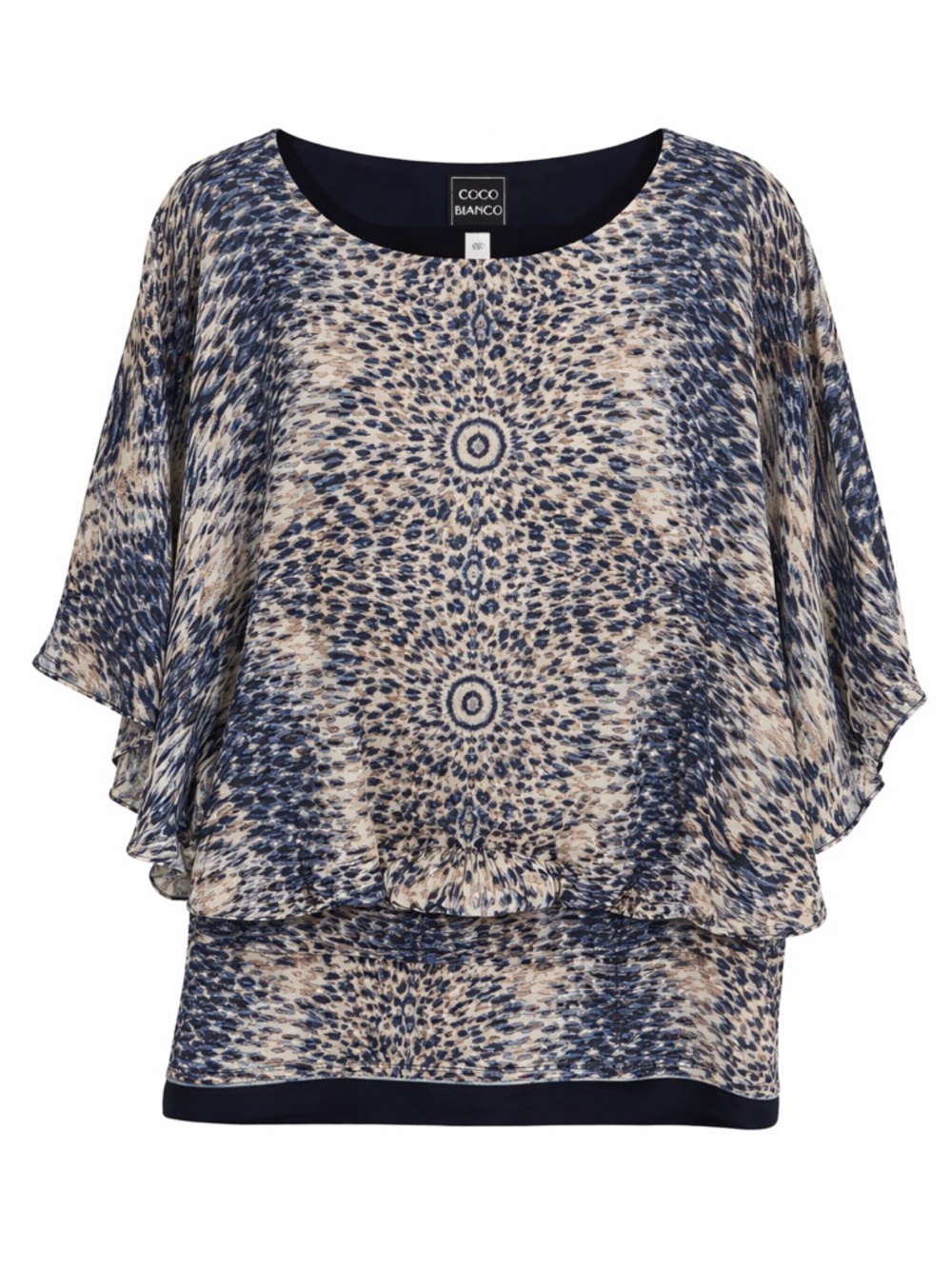 Coco Bianco Blue Cream Print Flowy Blouse Sheer Overlay Large